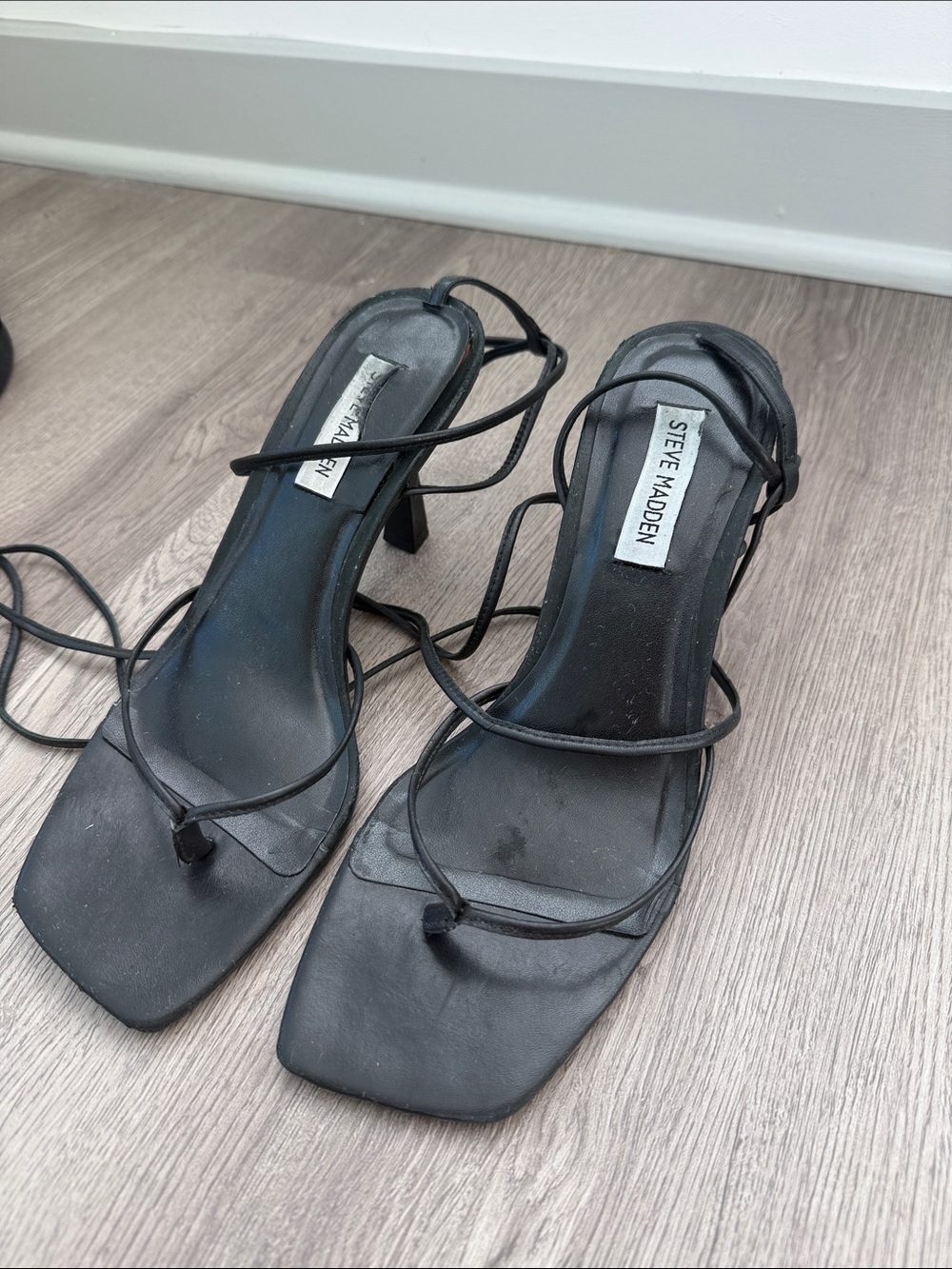 Steve Madden Black Strappy Square-Toe Heeled Sandals